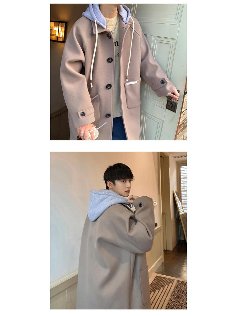 Men's Mid-Length Woolen Hooded Coat - Autumn/Winter Style, Over-The-Knee, Trendy High-End Thick Windbreaker