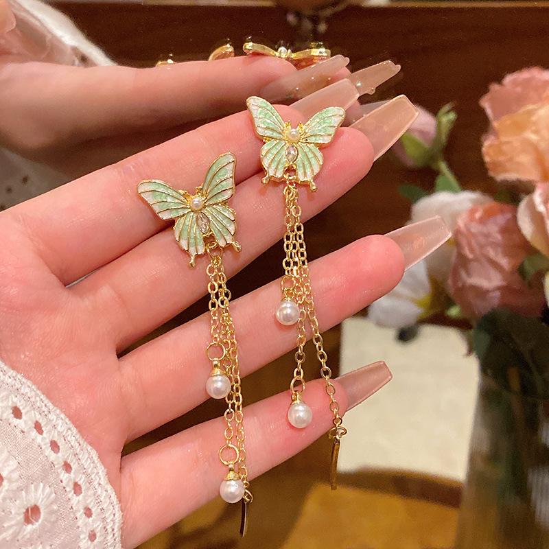 Long Fringed Zircon Earrings Light Luxury Niche Versatile Temperament Bow Stud Earrings