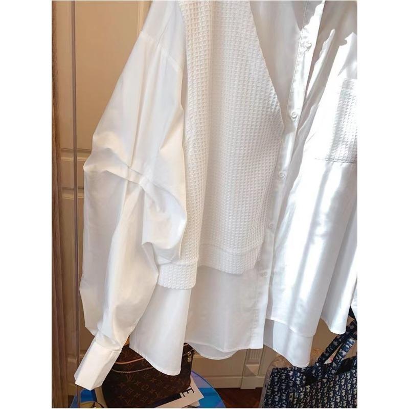 Splicing Fake Two Irregular Niche Designs Loose Casual Retro White Shirt for Women Blouses & Shirts