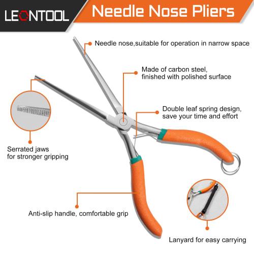 LEONTOOL Long Reach Nose Pliers, 7" Thin Extra Long Nose Pliers with Serrated Jaw Straps and Double Leaf Springs for Jewelry Making, Electrician Repai