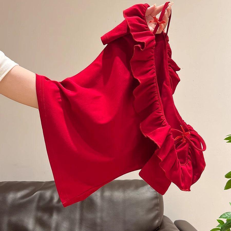Top Estivo da Donna 2025 con Spalline Sottili, Scollo Bardot, Volant e Fiocco, Vita Sagomata, Vestibilità Slim