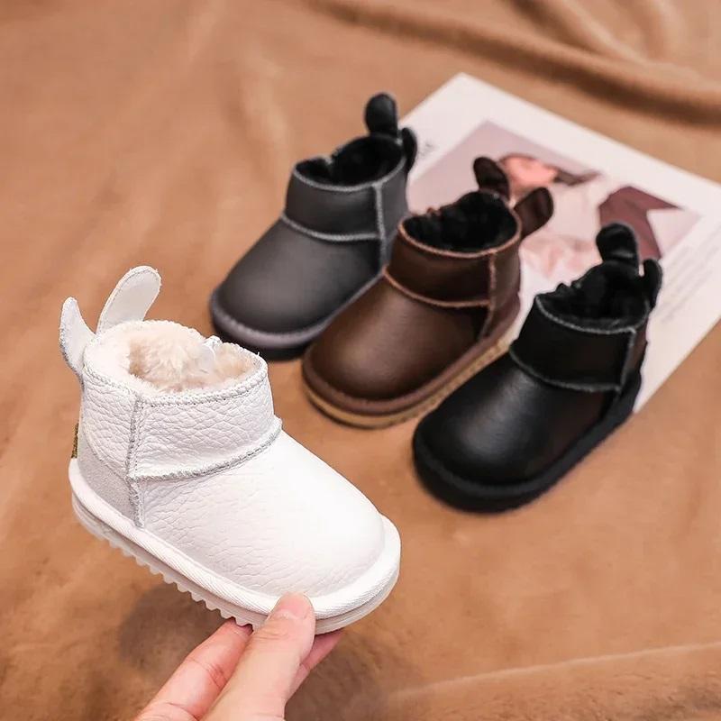 Winter Kinder Echtleder Stiefel für Baby Mädchen Jungen Schuhe Plüsch Kleinkind Schneestiefel Weiche Sohle Anti Rutsch Kinder Kleinkind Schuhe