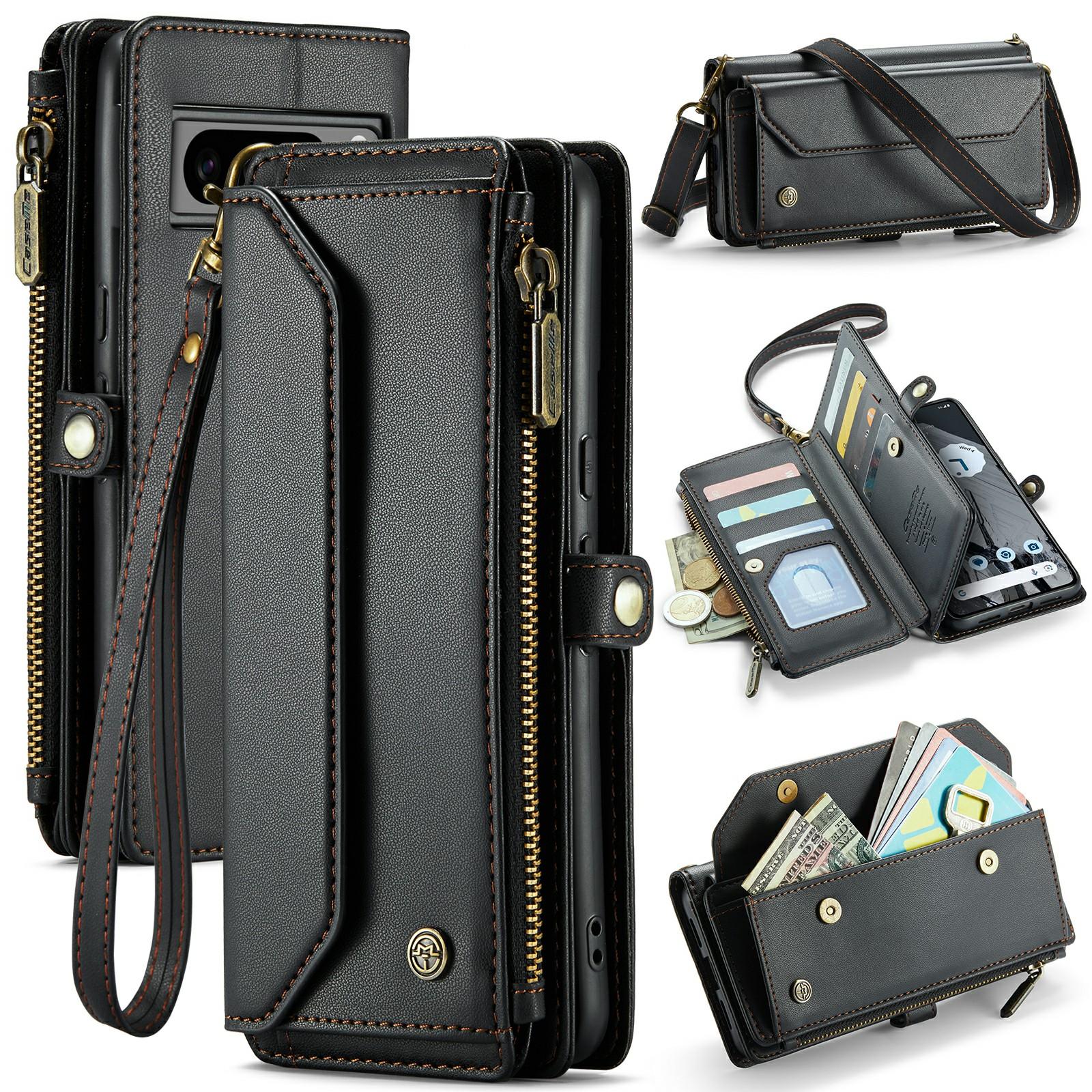 

For Google Pixel 8 Pro Leather Case CASEME C36 Zipper Multiple Card Slots Phone Cover with Straps Black
