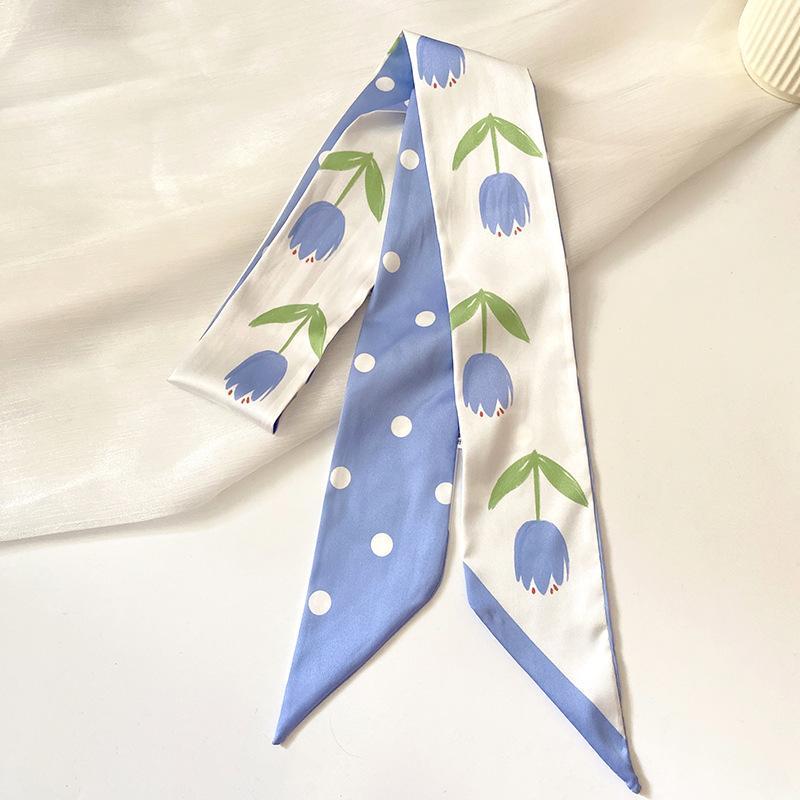 Fashion Blue Tulip Thin Narrow  Long Silk Scarf Women's Headband Braided Hair Ribbon Tied Wrapped Hair Scarf Headwear