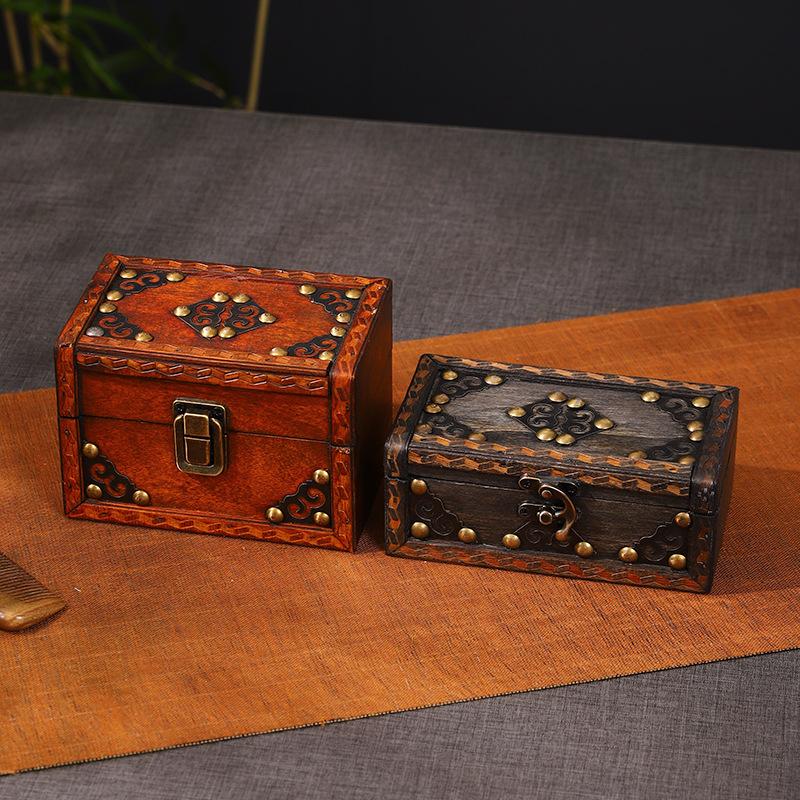 Retro Wooden Treasure Chest Vintage Lock Home Trinket Jewelry Storage Box For Photography Props Halloween Xma Party Decoration