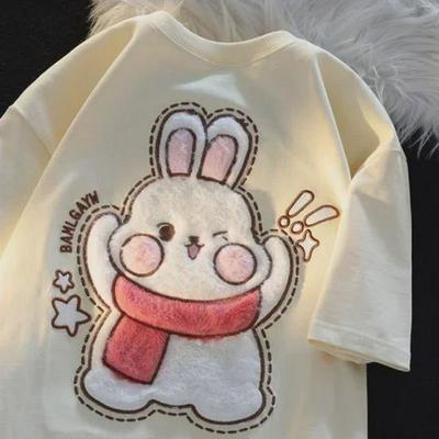 Damen Oversized Flock Fat Bunny T-Shirt mit Frotteestickerei