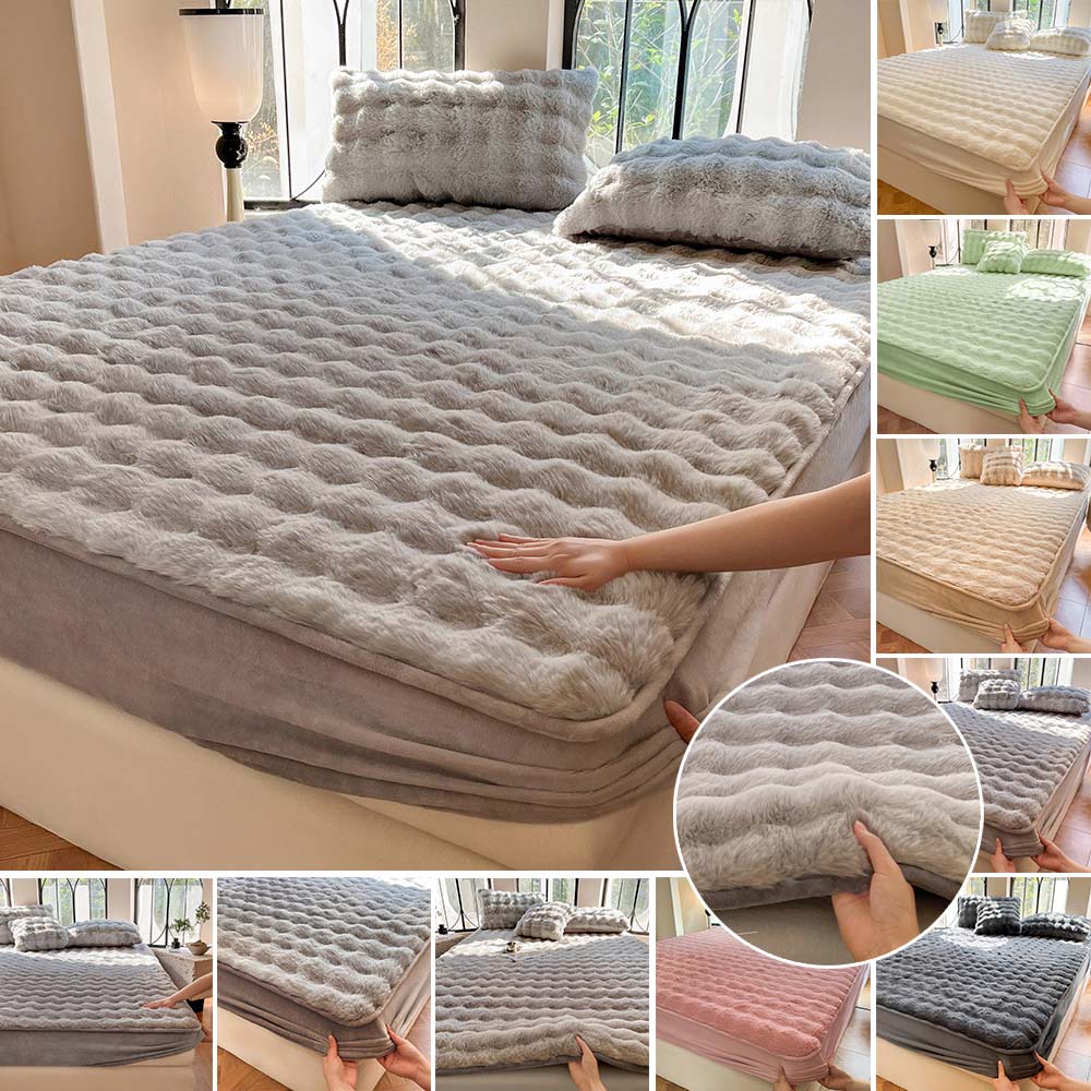 Winter Warm Plush Fitted Sheet Mattress Cover Fluffy Faux Rabbit Fur Bed Protector with Elastic Band for Home Hotel Drap De Lit