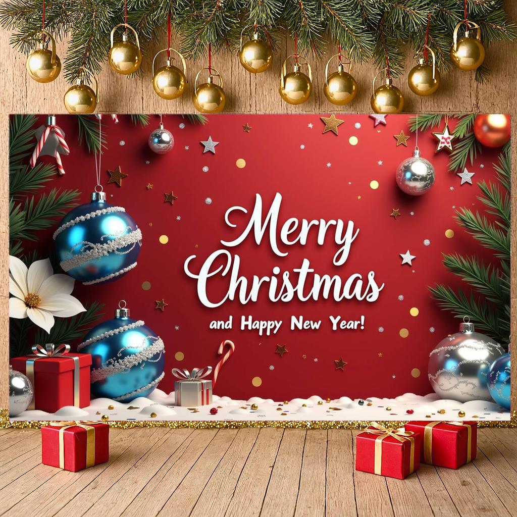 Festive Banner Poinsettia Happy New Year Banner Christmas Decoration Banner Silver Blue Decorations For New Year Celebration New