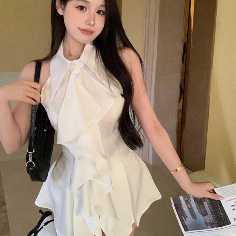 Ruffle Edge Sleeveless Shirt Top Women's Summer French Temperament Medium and Long Waist Slim Shirt Short Skirt