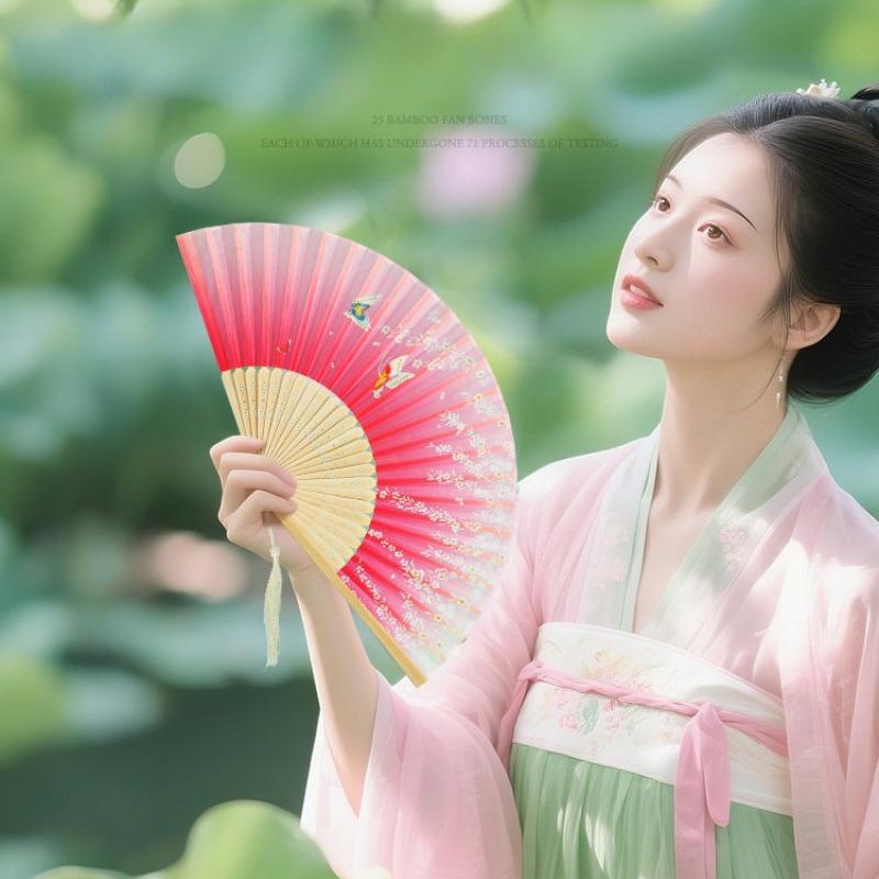 Chinese Style Bamboo Folding Hand Fan Feather Print Handheld Fan for Dance Photo Home Decor Gift