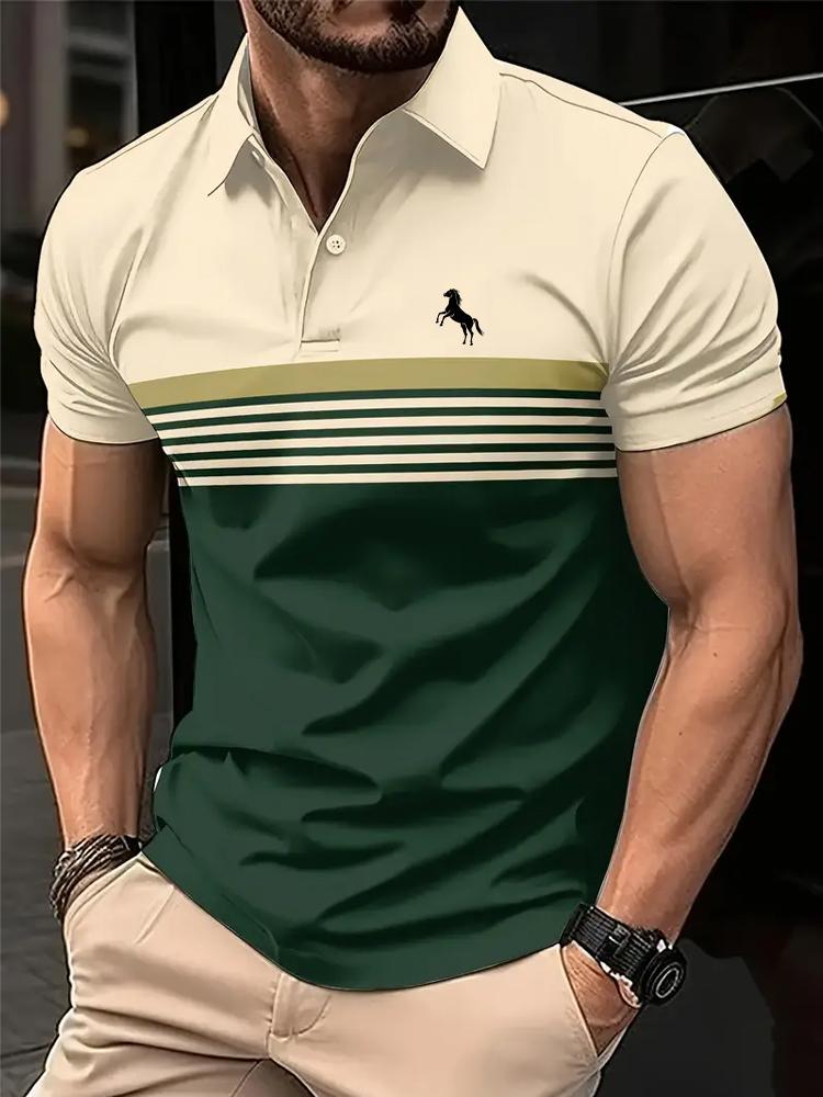 Men'S Casual Short Sleeve Polo Shirt Striped Color Block Design Sporty Style Collared Golf Shirt for Summer