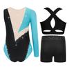 Girls Gymnastics Dance Outfit Shiny Rhinestones Color Block Asymmetrical Leotard Cross Back Keyhole Vest