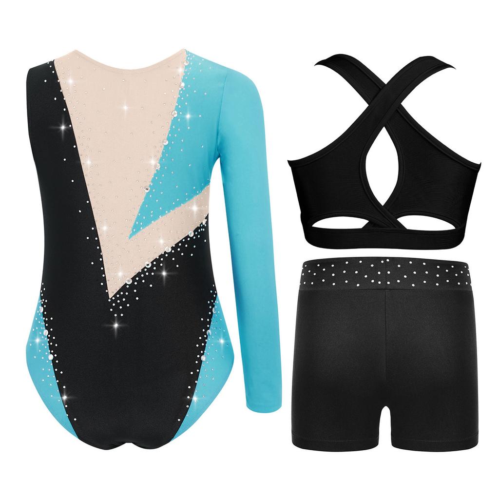 Girls Gymnastics Dance Outfit Shiny Rhinestones Color Block Asymmetrical Leotard Cross Back Keyhole Vest
