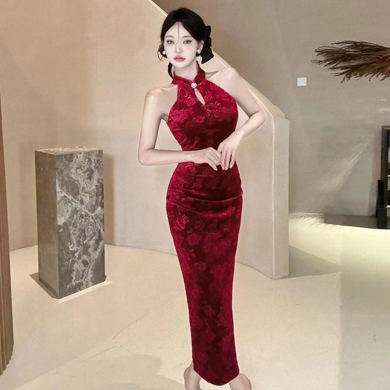 

Женское сексуальное платье-чеонгсам с открытыми плечами и отделкой из жемчуга L