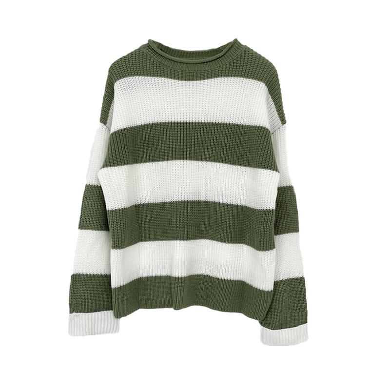 Retro Color Block Striped Sweater - Autumn/Winter Loose Round Neck Knit Pullover