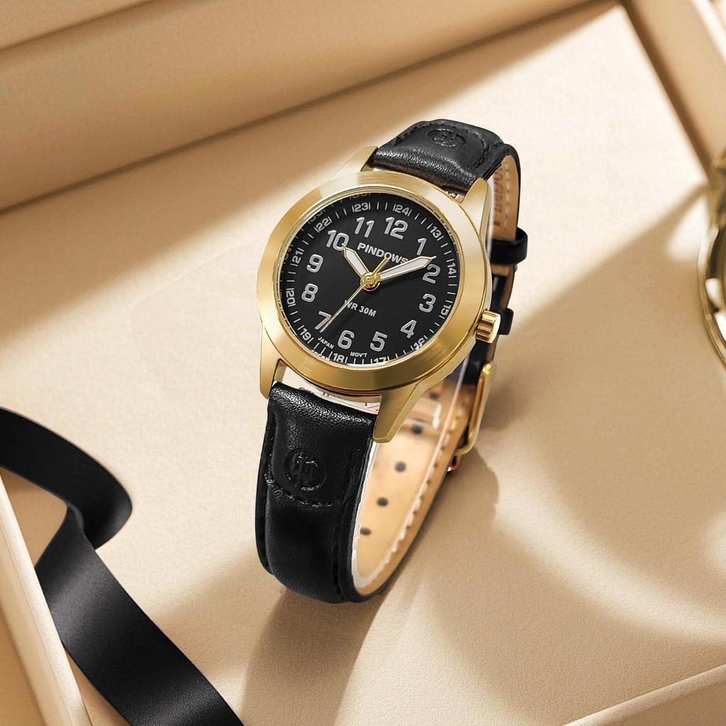 PINDOWS Elegant Analog Quartz Design with Leather Waterproof Fashion Dress Watch with Luminous Dial Ladies' Watch, Strap, Easy-to-Read