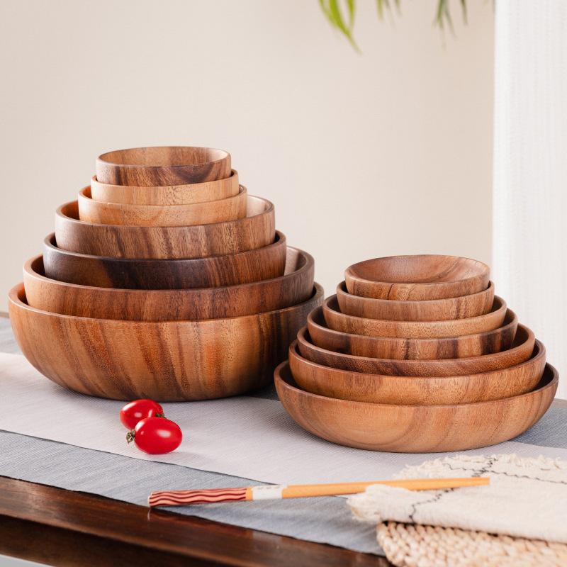 Fine Natural Hand-Made Wooden Salad Bowl Classic Round Acacia Wood Salad Dining Bowl Plates Premium Wood Kitchen Utensils