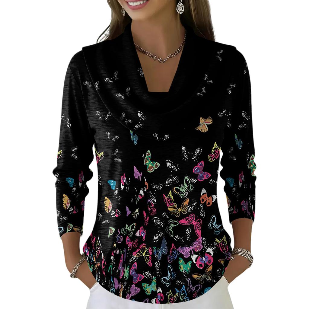 Dámský ležérní a módní top svetr s potiskem a dlouhým rukávem s kulatým výstřihem