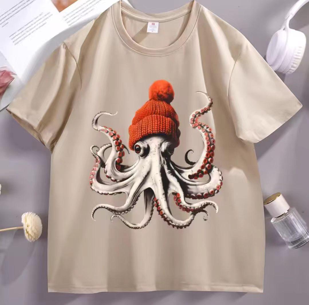 

Funny Octopus Wearing Beanie Retro print Tshirts Unisex WOMENs High Quality Fashion clothing short sleeve 100 Cotton Unisex Tees S