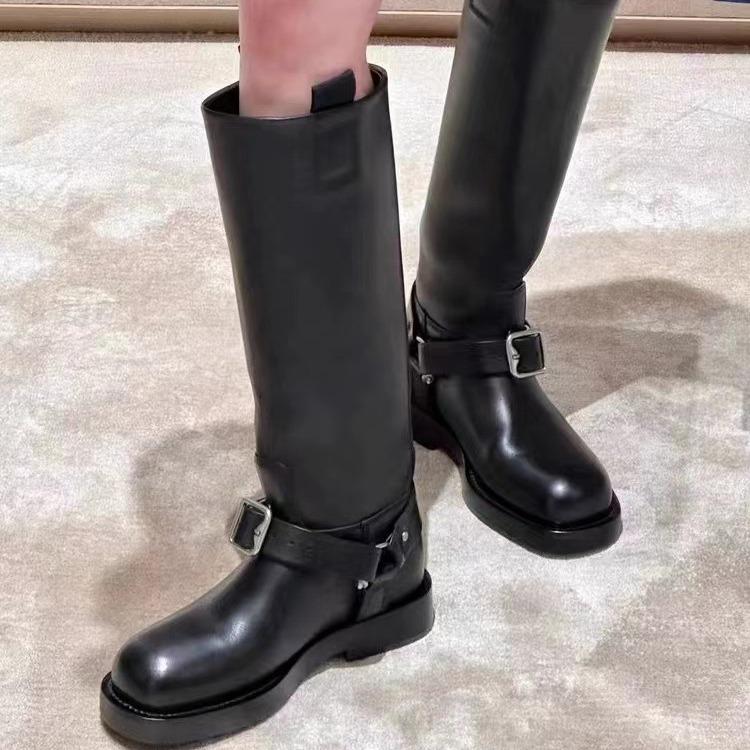 Fashion New Women Thick Heeled Black Boots Pointed Toe Leather Mid Calf Boots Autumn Winter Woman Motorcycle Shoes Buckle Long Boots