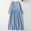 2025 Spring Retro Round Neck Long-sleeved Blue Plaid Dress Women's Loose and Thin Casual Cotton and Linen Long Dress