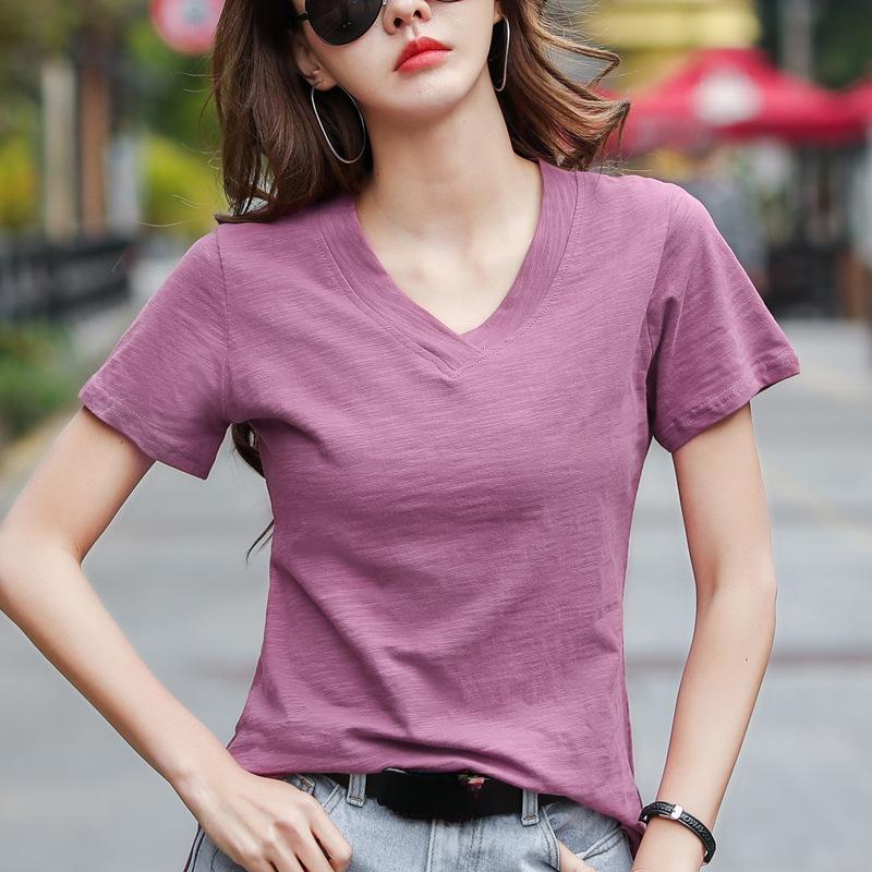 Front Short Back Long Tops Loose Slimming Loose V Neck Mix Cotton Short Sleeved T-shirt Women's Top T-Shirts Women’s