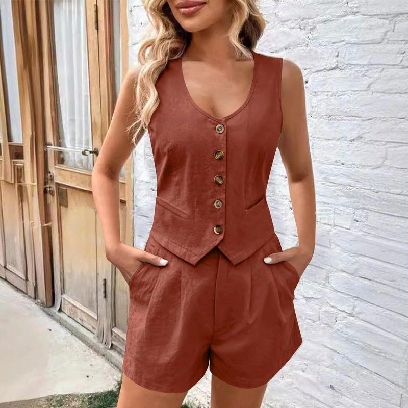 Solid Color V-neck Sleeveless Casual Suit Solid Color and V-neck Sleeveless Casual Suit