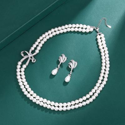 Pearl Set Imitation Pearl Collarbone Chain Bow Double Row Pearl Necklace Women'S Crystal Gemstone Pearl Earrings