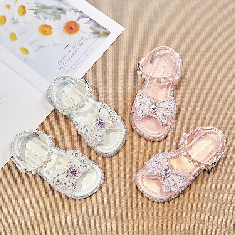 2024 New Soft Butterfly Rhinestones Sweet Princess Shoes for Party Wedding Shows Summer Children Girls Sandals Britain Style PU