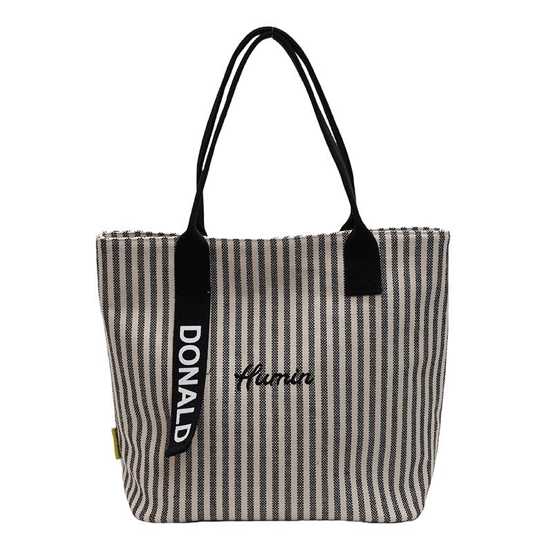 Bolsa de Ombro de Lona Listrada de Grande Capacidade para Mulheres - Tote Versátil para Estudantes e Pendulares
