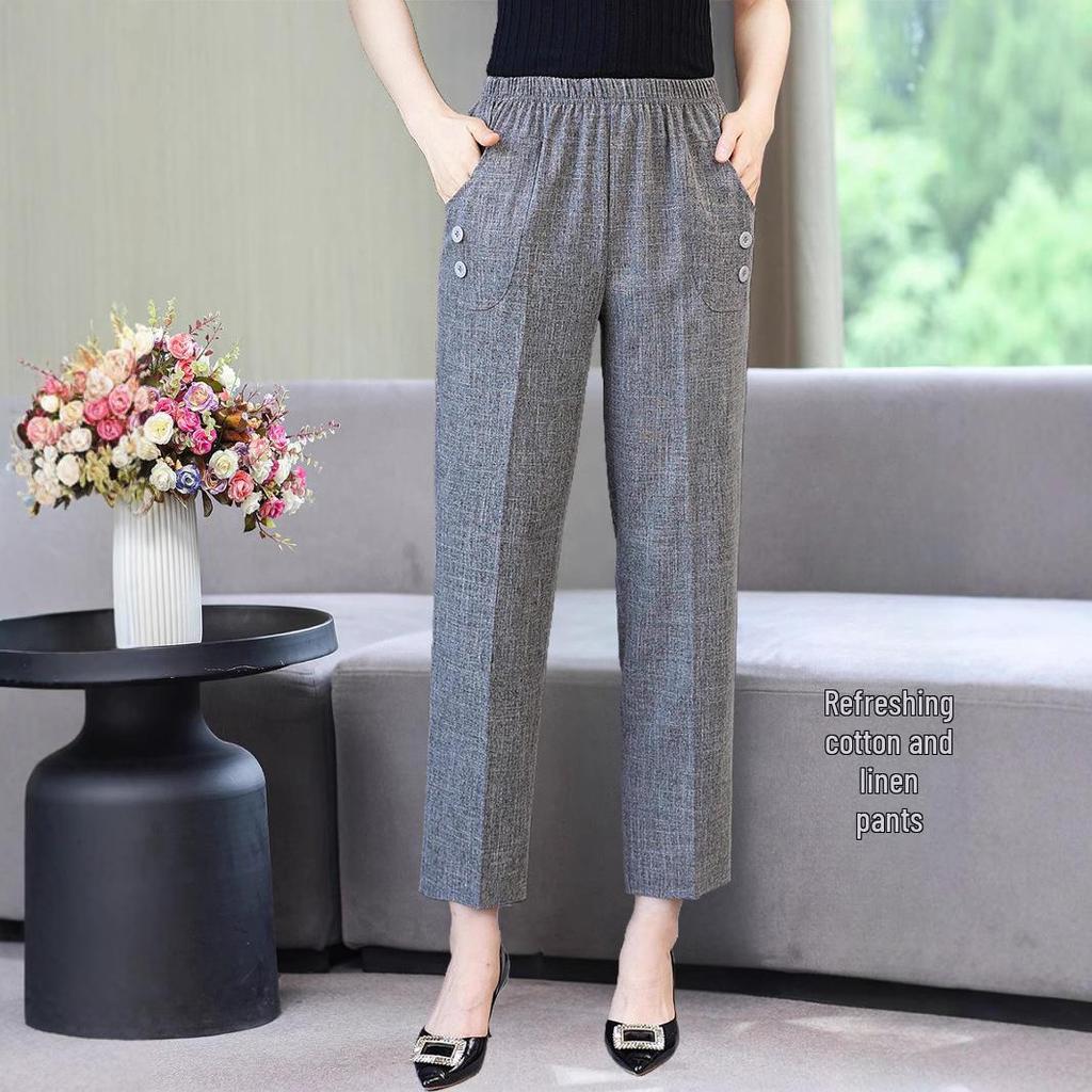 Women's High-Waist Cotton-Linen Summer Pants: Stylish, Elastic, Straight Fit for Middle-Aged and Elderly