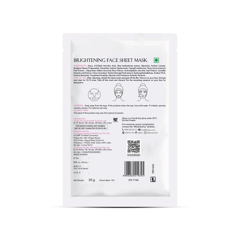 O3+ Facialist Brightening Face Sheet Mask 30g Pack of 1 for Radiant Skin Tone and Instant Glow