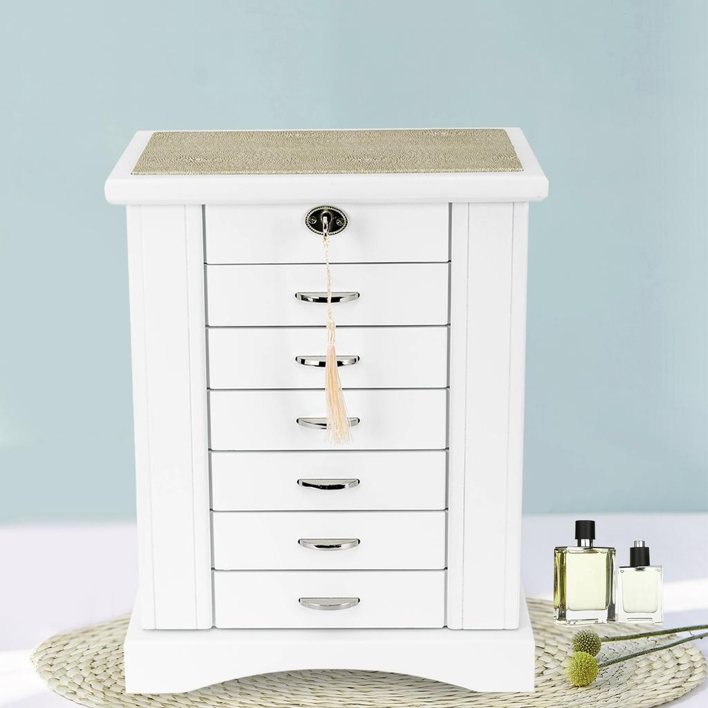 7 Layer Jewelry Organizer Box with Key Lock, White Retro Rectangular Jewelry Storage Case, Free-Standing Multi-Tier Jewelry Box