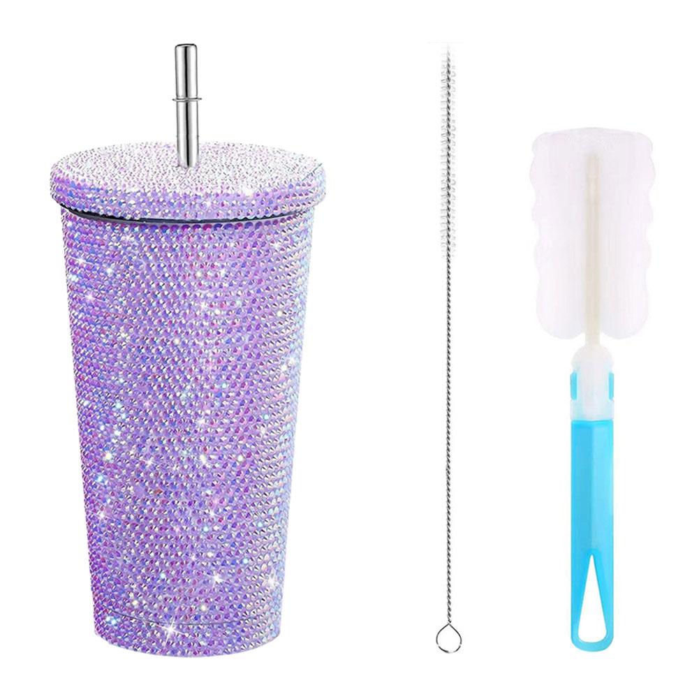 Insulated Straw Tumbler Stainless Steel Rhinestone Cup 24 Hour Hot Cold Water Coffee Drinkware For Office Travel Gym Accessories