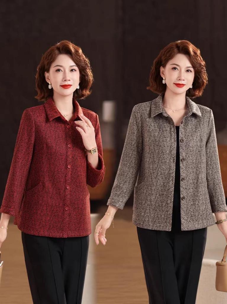 Autumn Lapel Shirt Jacket for Middle-Aged & Elderly Women - Loose Two-Piece Outerwear Set 