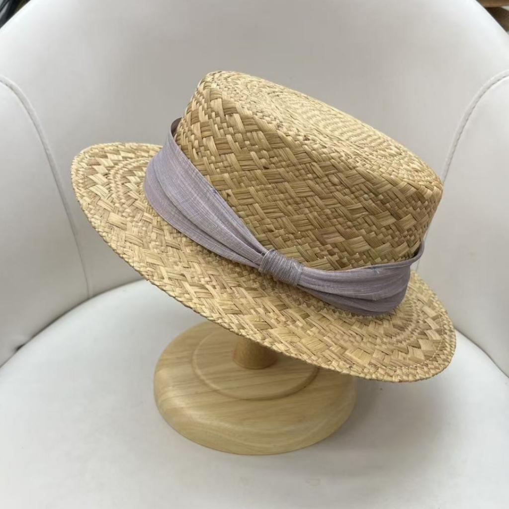 French lightweight and breathable straw, flat-top small edge silk hemp straw hat, children's summer travel sunscreen sunshade top hat