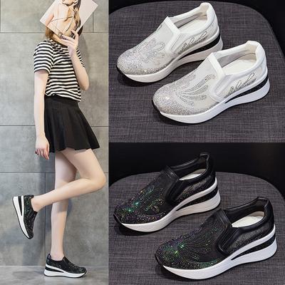 2025 New Embroidered Slope Heel Single Shoes Mesh Breathable Rhinestone Muffin Platform Casual Fashion Shopping Mall the Same Women's Shoes