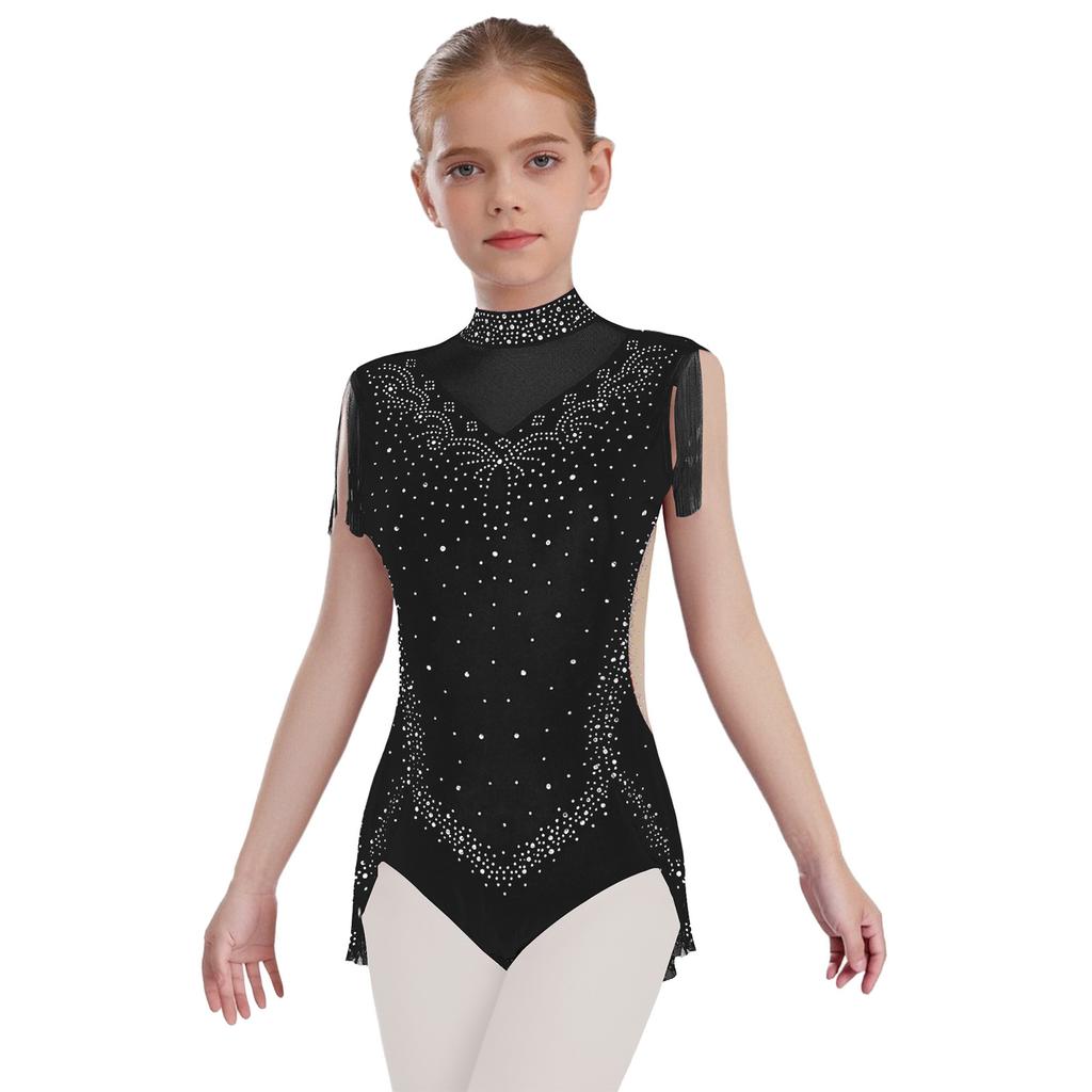 Girls Dance Costume - Shiny Rhinestone Leotard with Sheer Mesh, Invisible Back Zipper & Attached Tassel Skirt