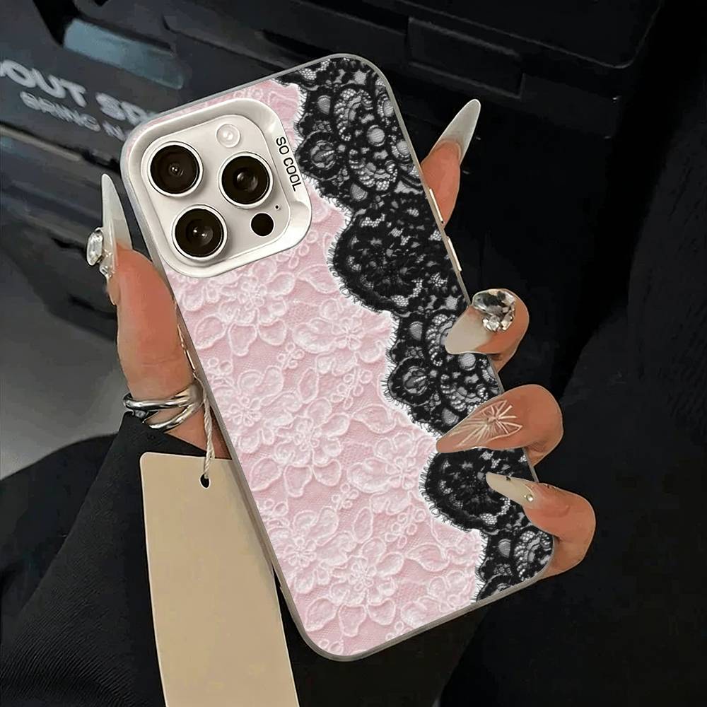 

L-Lace Print Pattern Phone Case For iPhone 11 12 13 14 15 16Pro Max Plus white Sliver Phone Cover iPhone11ProMax