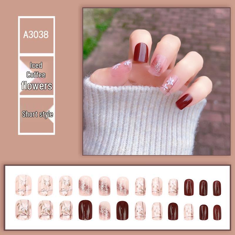 

Патчи для носимого нейл-арта с эффектом омбре и блестками для холодного кофе - Короткие накладные ногти, Полный размер