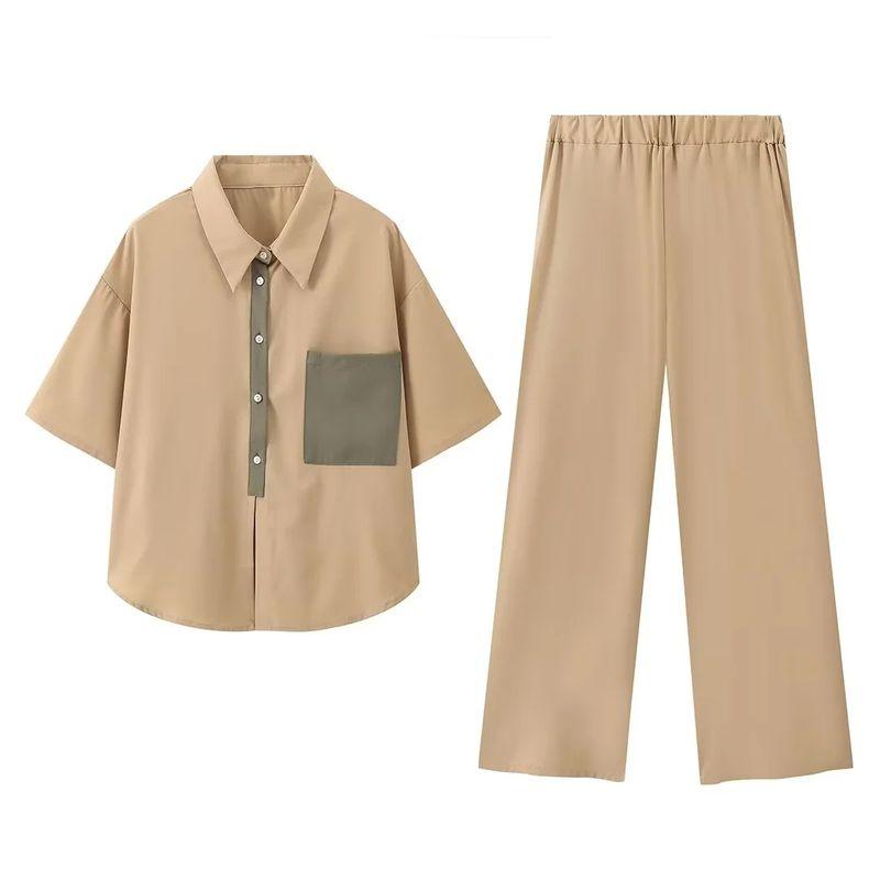 

Весна Новый Европейский и Американский Стиль Мода Свободный Темперамент Повседневный Разноцветный Топ с Коротким Рукавом Брюки с Широкими Штанинами с Завышенной Талией Костюм Brown Suit L