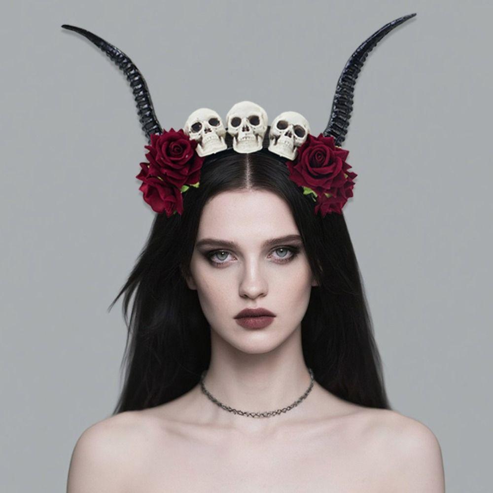 Skull Sheep Horn Hairband Halloween Red Rose Headband Flower Crown Ox Horns Headband  Festival Wear