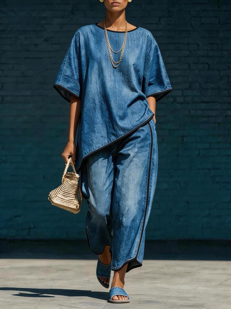2026 Spot New Cross-border European and American Fashion Anti-denim Loose Wide-leg Pants Two-piece Set Elegant Casual Style