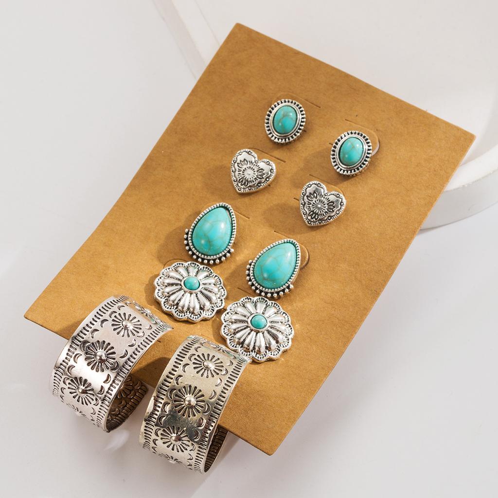 Simple Retro Green Turquoise Earrings - Set of Ethnic Style Flower Heart Geometric Ear Pendants In 5 Pairs