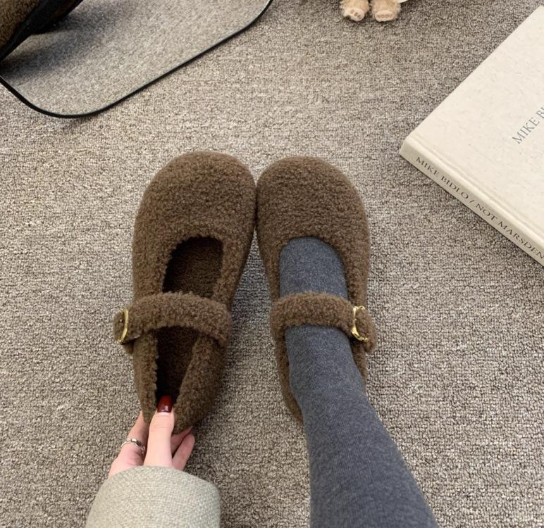 Fashion Design Fur Women Mary Jane Shoes Concise Keep Warm Outdoor Shoes Ladies Comfort Cotton Flats Shoes