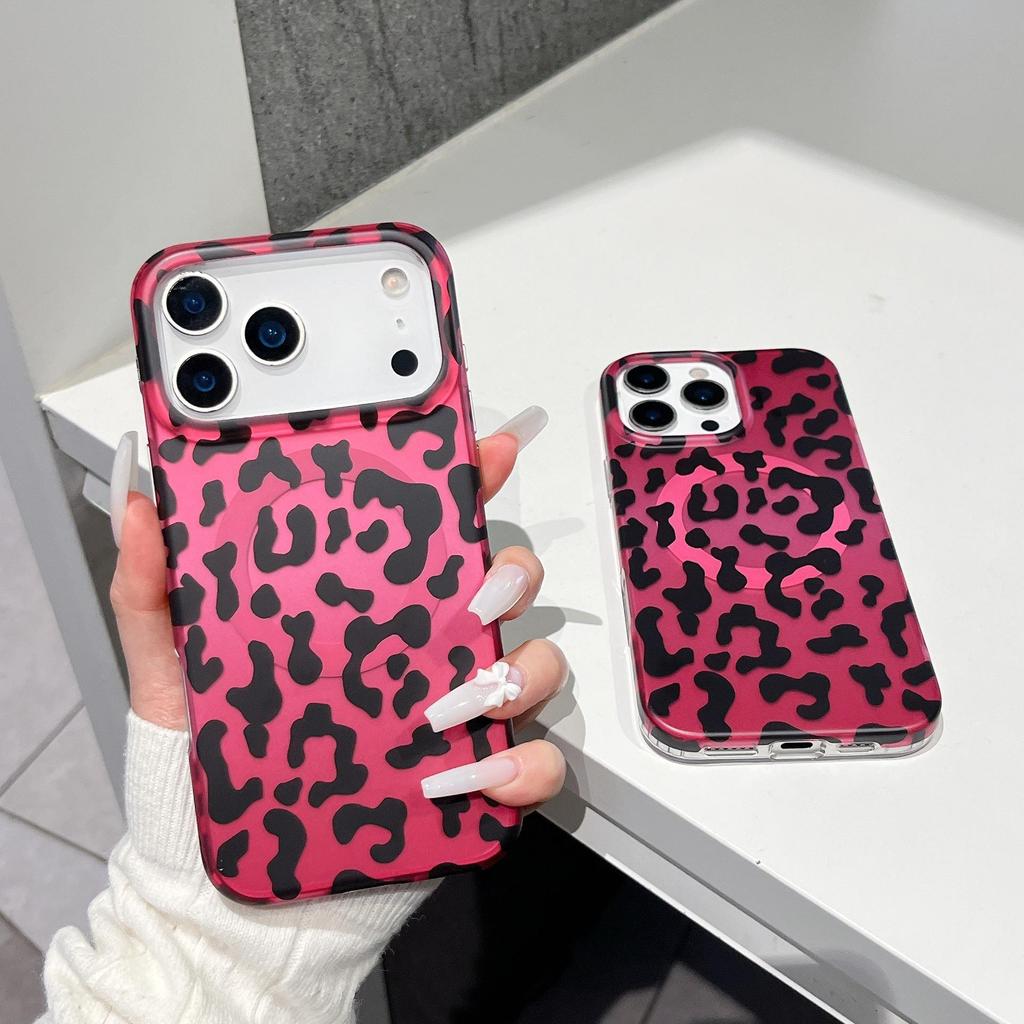 European Style Pink Leopard Magnetic Buckle Case for iPhone 17 Pro Max/16/14/15
