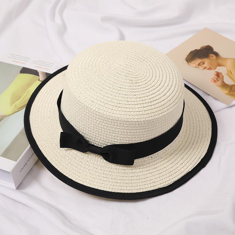 Summer new hat women's small fresh top hat bow flat top hemming straw hat outdoor sunshade sun protection beach hat