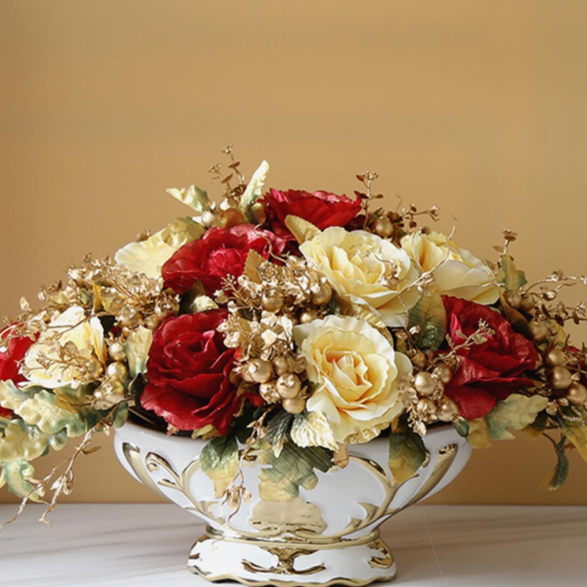 Artificial Silk Rose Flower Arrangement with Vase for Living Room or Dining Table Decor