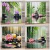 Rideaux de douche en bambou vert zen, orchidées violettes, fleurs de lotus, fleurs de pierre noire, plantes, paysage de spa, décoration de rideau de salle de bain pour la maison en polyester