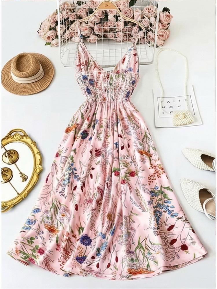 DamenMaxikleid mit Spaghettiträgern, Blumendruck und Bindekragen
